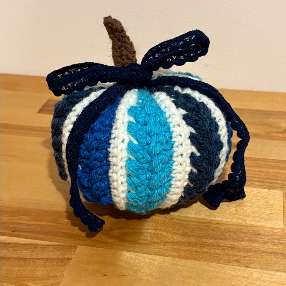 Crochet Pumpkin Decor with Blue and White Stripes and Ribbon